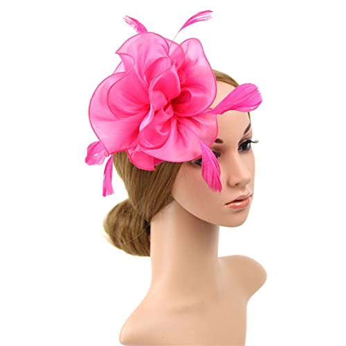 Uangkou HAIR EXTENSIONS CLIP IN Fascinator Headband For Women Fascinators Hat For Women Tea Party Hat Headband Wedding Flower Cocktail Mesh Feathers Hair Clip Headwear Hair Clip Bride Hair Clip Hot Pink thumb #4