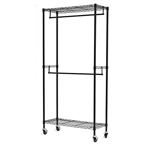 Amazon Basics Adjustable, Double Hanging Rod Garment Rolling Closet Organizer Rack, Black, 36'' X 14'' X 72'' #TOP1
