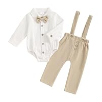 Baby Jungen Taufanzug 3 Teiliges Gentleman Bekleidungssets Langarm Krawatte Hochzeit Shirt+Elastische Taille Overall Hosen Jungen Festliches Gentleman Baumwolle Outfit (Beige, 6-12 Monate)