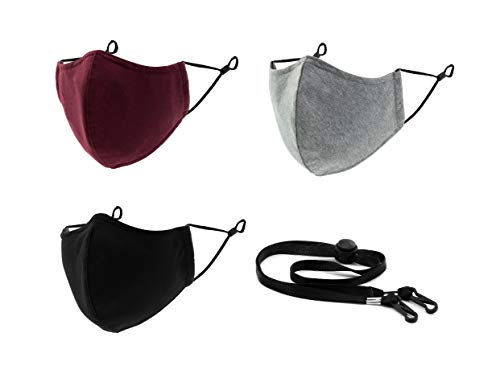 3 Pack Reusable 3Ply Cloth Face Mask with Filter Pocket, Nose Wire & 1 Face Mask Lanyard Strap (Black, Gray, Burgundy)