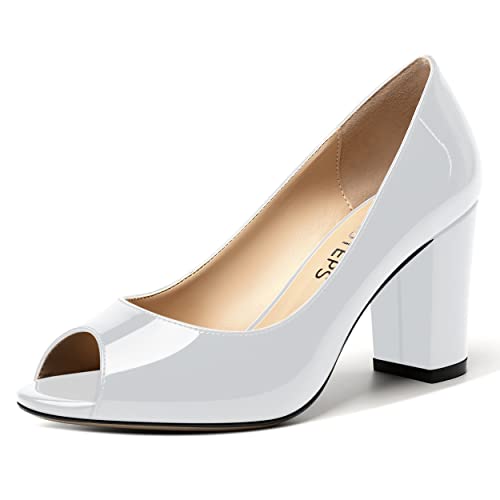 MOVINSTEPS Womens Party Slip On Patent Peep Toe Sexy Block High Heel Pumps Shoes 3.3 Inch