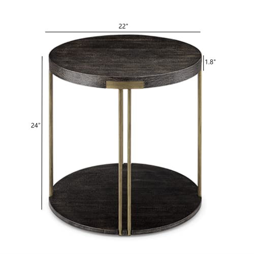Round End Table With 2-Tire Storage Shelf, Industrial Sofa Side Table, 22” Telephone Table Nightstand, For Living Room Bedroom, Brushed Black Wood Tabletop & Golden Tubular Metal Legs Ycjz22216Bk #TOP1