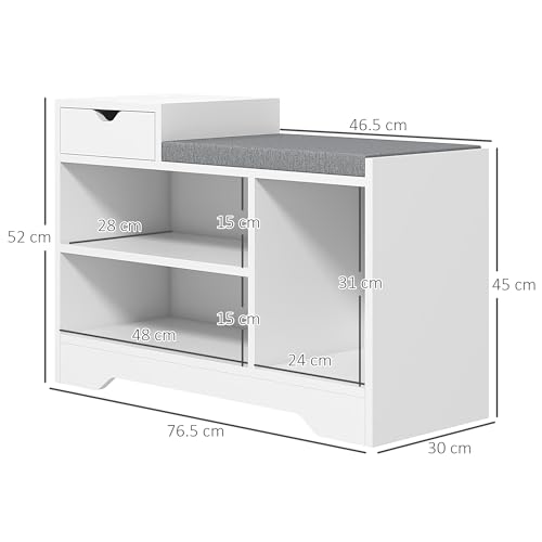 HOMCOM Shoe Storage Bench, Shoe Rack Bench with Seating Cushion, Drawer, 3 Open Compartments and Table Top for Entryway, Hallway, White - Cosy Home Interiors HOMCOM Shoe Storage Bench, Shoe Rack Bench with Seating Cushion, Drawer, 3 Open Compartments and Table Top for Entryway, Hallway, White - Image 3