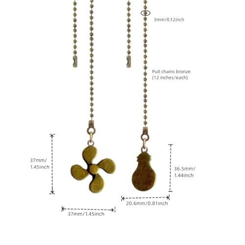 Image of Ceiling Fan Pull Chain Set, Bulb and Fan Pattern Pull Chain Extension 12 Inch Ceiling Fan Chain Extender with Ball Fan Chains Connector (Antique Bronze 4Pcs)
