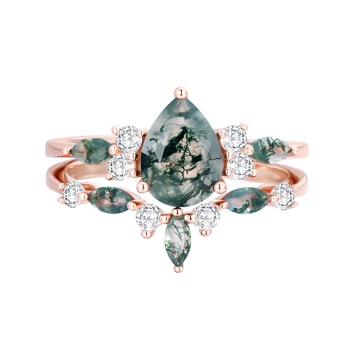 1.5 CT Natural Moss Agate Ring Set - Pear Shape Moss Agate and Moissanite Engagement Rings for Women - 925 Sterling Silver Art Deco Promise Wedding Bridal Set