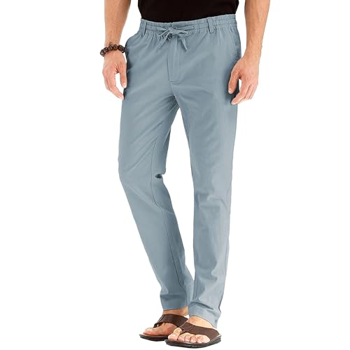 Men's Linen Pants Drawstring Elastic Waistband Lightweight Casual Loose Fit Summer Beach Wear for Men