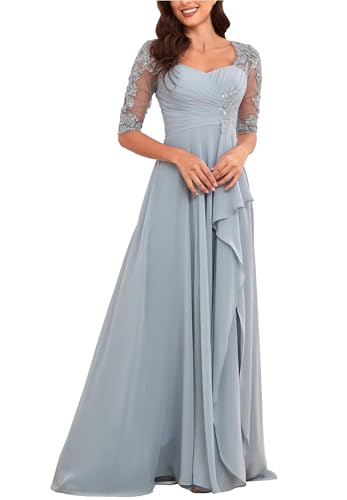Elegant Floor Length Mother of The Bride Dresses for Wedding Chiffon Half Sleeve Lace Applique Formal Evening Dress4