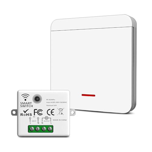 Funk Lichtschalter 230V Set mit Empfänger und Sender, kabelloser Funkschalter für Lampen & Geräte bis 1500W, einfache Installation, starke Signalübertragung, Multi-Control(1Way Kit)