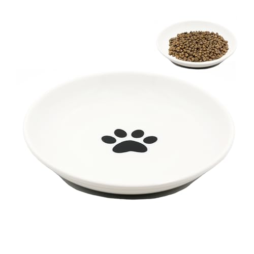 Cuenco plano de cerámica para gatos, con base de silicona antideslizante, comedero elevado, cuenco para gatos (patrón de huellas de gato)