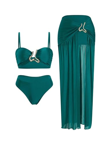 SOLY HUX Women's 3 Piece Swimsuit Ruched Ring Linked Bikini Set Beach Vacation Bathing Suit with...