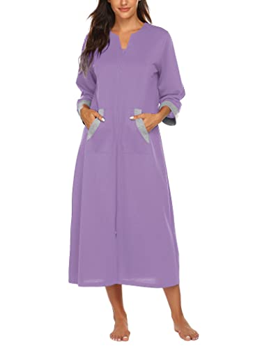Image of Ekouaer Women Zipper Robe 3 /4 Sleeves Loungewear Dress Full Length Sleepwear Pockets Housecoat Nightgown Long Bathrobe