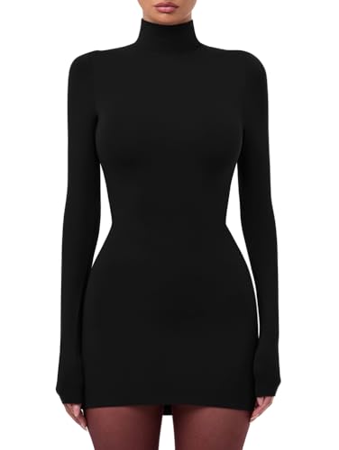 LAGSHIAN Womens Sexy Basic High Neck Long Sleeve Bodycon Club Party Mini Dress Black