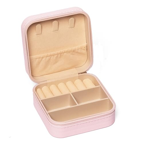 Image of INOVERA (LABEL) Stylish Jewellery Organiser Box for Womens & Girls - Small Portable Travel Case for Storing Rings, Earrings, Necklace with Zipper (Rose Gold)