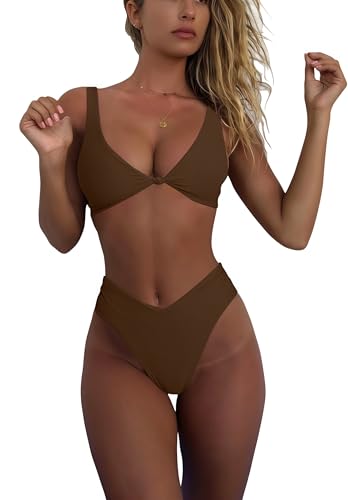 Image of geluboao Bikini Set for Women Solid V Neck Knot Front Push Up High Leg Thong Two Piece Swimsuit
