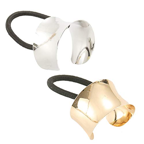 2 Pieces Cuff Ponytail Holder Metal Hair Ties Hair Cuff Elastic Hair Band Gothic Punk Cuff Wrap Ponytail Holder Elastic Rope Hair Cuff Wrap Hair Accessories for Women Girls, Golden and Silver