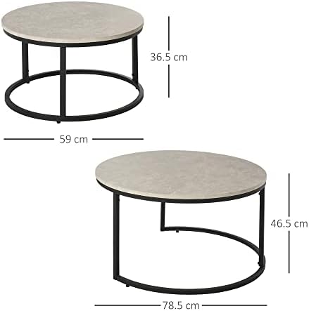HOMCOM 2 Pcs Stacking Coffee Table Set w/Steel Frame Marble-Effect Top Foot Pads Home Office Style Storage Display