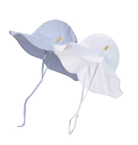Image of DASMINI Baby & Toddler Wide Brim Sun Hats UPF 50+ Sun Protection Bucket Cap Cute Adjustable Hat in Seersucker