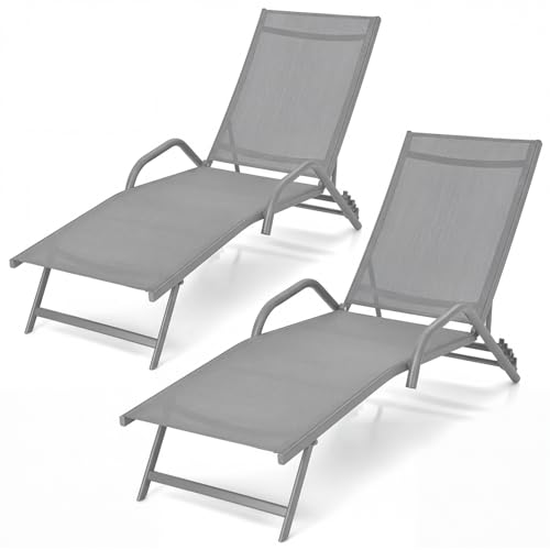 KOMFOTTEU Juego de 2 Tumbonas con Respaldo Ajustable, Silla Reclinable de Jardín de Tela Transpirable, Carga De 160 kg, para Playa, Piscina, Patio (Gris)