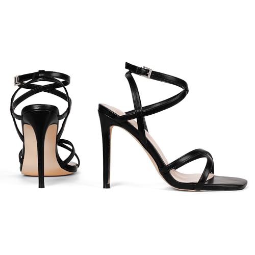 Image of Elisabet Tang Women's Crystal Stilettos Heeled Sandals, 4 Inch Square Open Toe Strappy Sexy High Heels Ankle Strap Buckle Heels for Party Wedding Dress Daily Wear Shoes