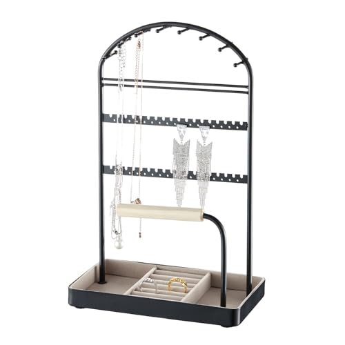 Saydear Multi-Functional Jewelry Holder Organizer Necklace Display Stand Velvet Lined Bar for Rings 2 Tier with 18 Hooks, 32 Earring Holes - Sturdy and Durable, Easy Organization Black