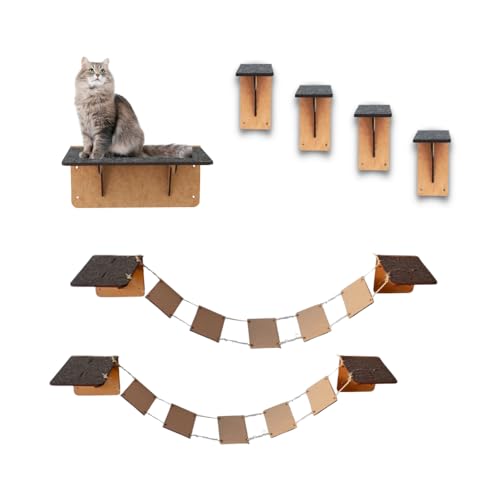 BOXFAN Kit Playground Gatos 7 Peças Prateleiras Circuito Escada Gatil Mdf Degraus Antiderrapante Escadinha Pontes Pet Parquinho Gato Suspenso de Parede Moveis Gatos Filhotes e Adultos