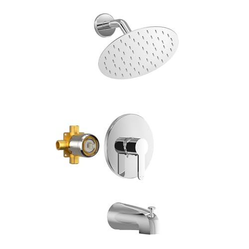 HoliSpa Tub Shower Faucet Polished Chrome Shower Faucet Set with 8-Inch All-Metal Rainfall Showerhead and Bathtub Spout Single-Handle Tub Shower-Trim Kit Included Valve Polished Chrome