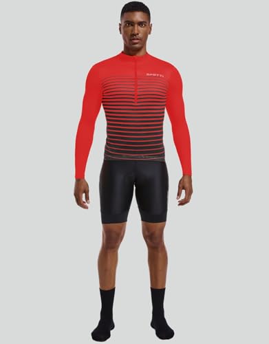 Spotti Men's Cycling Bike Jersey Long Sleeve with 3 Rear Pockets - Moisture Wicking, Breathable, Quick Dry Biking Shirt Red Stripe - Thumbnail 5