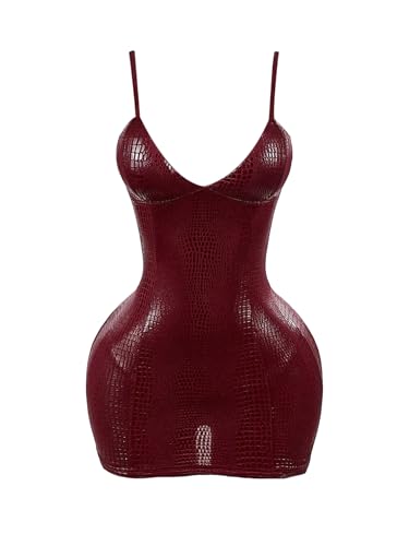Milumia Women's Faux Leather Bodycon Mini Dress Textured Spaghetti Strap V Neck Party Club Dresses Red Small