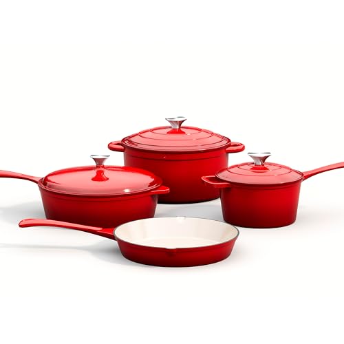 MAISON ARTS Enamel Cast Iron 7 Piece Cookware Set, Heavy Duty Dutch Ovens Pot with Lid, Red Non Stick Pots and Pans Sets, Oven Safe up to 500°F