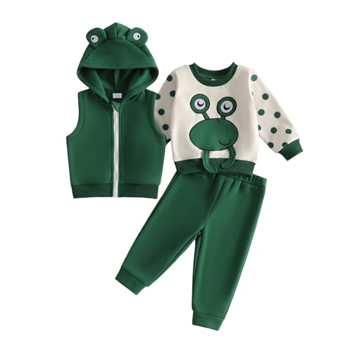 Image of BeliBacca Toddler Boy Autumn Outfits Elephant Print Long Sleeve Pullover Zip Up Plush Hoodie Vest Jacket Jogger Pants 3 Pieces Baby Boy Winter Clothes Set (Army Green, 18-24 Months)