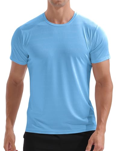 Image of APTRO Men’s Gym T-Shirts Running T Shirt for Men Quick Dry Moisture Wicking Breathable Tops Workout Shirt Short Sleeve Light Blue M