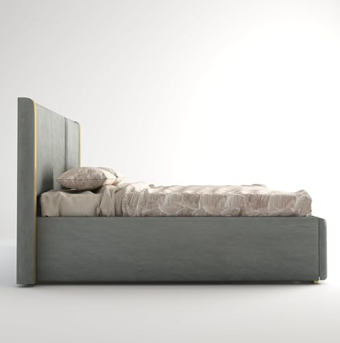 Image of Modern King Size Upholstered Bed with Padded Headboard | Platform Bed for Master Bedroom, Comfortable Back Support & Elegant Bedroom Furniture | Strong & Durable Solid Wood Frame | Grey