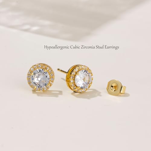 Cubic Zirconia Stud Earrings for Women Men 14K Gold Plated Halo Stud Earrings Hypoallergenic Earrings CZ Halo Stud Earrings for Sensitive Ears4