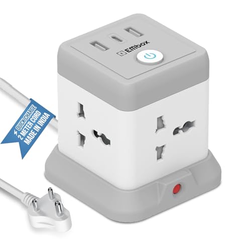 EMBOX Cube Extension Board with USB Type C (2.4 A) (QC 3.0) | 2500W Heavy Duty Extension Board with Switches | Extension Cord with Universal Sockets Safety Shutter & Overload Protector, 2 Meter