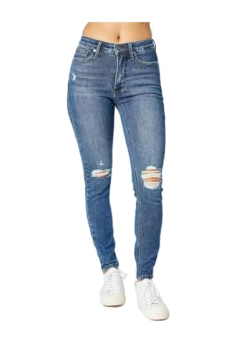 Judy Blue Women's Mid Rise Tummy Control Destroy Skinny Denim Jeans, 88798 (Medium Blue, 9)