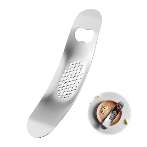 Presse-ail en acier inoxydable, presse-ail de nouveau style, presse-ail manuel 2 en 1 avec décapsuleur, Facile à utiliser et à nettoyer, argenté