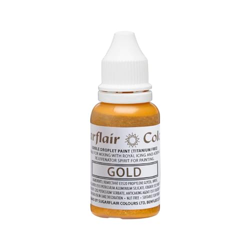 Sugarflair Edible Droplet Paint Gold, Oro - Colorante Alimentario Líquido, Colorante para Paste de Azúcar, Pasta de Goma, Glaseado - Se puede Utilizar con Aerógrafo - 14ml