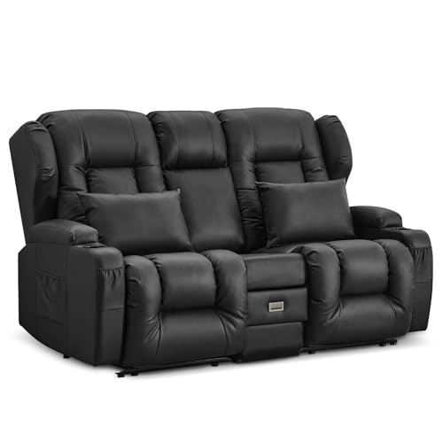 Image of IPKIG 67 inch RV Loveseat Double Recliner Sofa with FILP Back Console, Storage Drawer, Side Pockets, Faux Leather Manual Reclining Chair Home Theater Seating (Black)