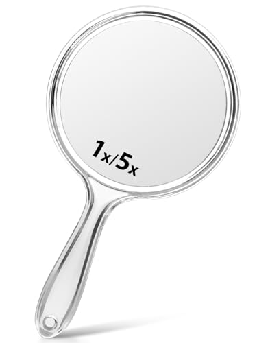 Macaki Double-Sided Handheld Mirror with 1X/5X Magnification, Perfect for Travel and Makeup, 21 x 11 cm (Transparent White, 1PC)