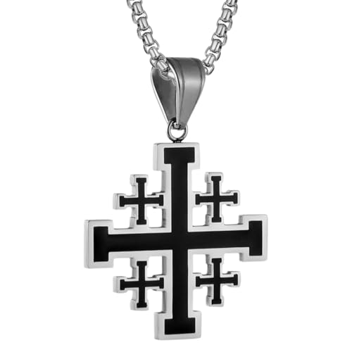 Crusader Jerusalem Cross Pendant Necklace: Stainless Steel Cross Biker Necklace Chain for Men Women
