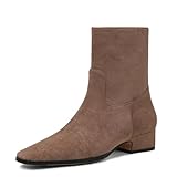 Atsroel フォールスエードアンクルブーツ 女性用 スクエアトゥ ショートブーティ チャンキーローヒールブーツ サイドジップ ドレッシーミッドカーフ コンバットライディングバイクブーティ, B－ブラウン, 25.0 cm
