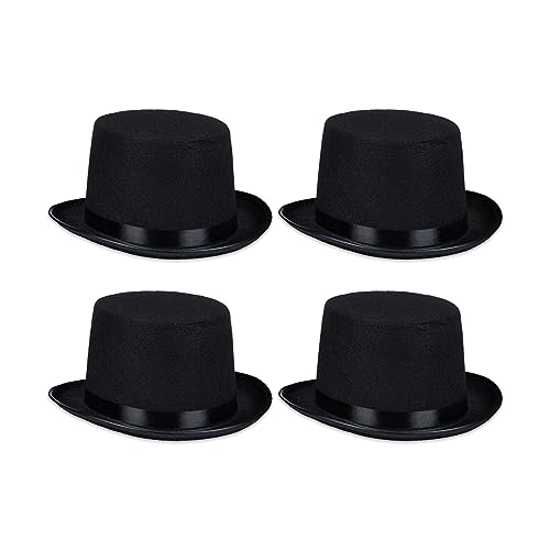 Relaxdays Zylinder Hut, 4er Set, Zauberhut Damen & Herren, Kopfumfang 58 cm, Kostümzylinder Halloween, Karneval, schwarz