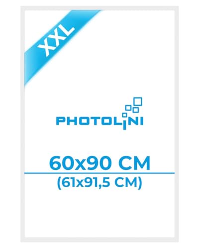 PHOTOLINI Bilderrahmen 60x90 weiß, Holz MDF Poster-Rahmen 90x60, Bilderrahmen groß für Poster 61x91,5 cm mit bruchsicherem Acrylglas, zum Aufhängen & Zubehör, XXL-Rahmen für Fotos, Poster-Frame