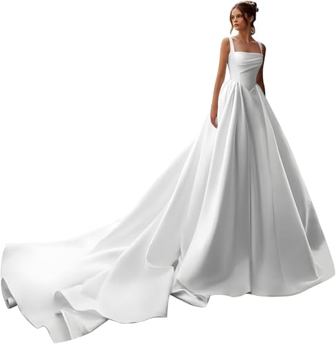 HAIBFJIN Satin Brautkleid Weißes Brautkleider Mit Schleppe Trägerloses Hochzeitskleider Für Damen Elegant Wedding Dress