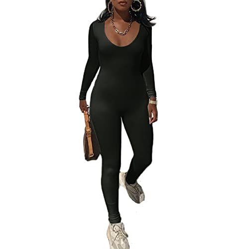 FeMereina - Mono de yoga acanalado de manga larga con cuello cuadrado para mujer, body para entrenar, C Negro, S Cover