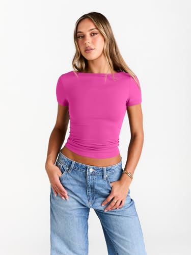 Image of Trendy Queen Womens Boat Neck Tops Short Sleeve Shirts | Compression Basic Tops,Y2K Aesthetic Slim Fit,Professional Business Casual, Polished Teacher Outfits