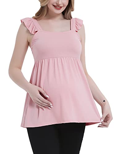 Debelly Women Maternity Peplum Blouse Square Neck Ruffle Trimmed Tank Tops Pregnancy Babydoll Shirt Mama Summer Basic Tee Soft Lovely,Pink,L #TOP28