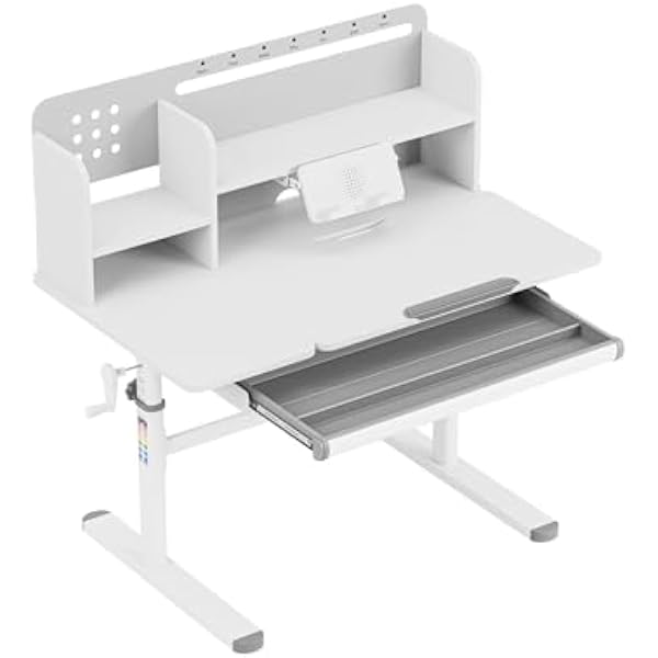 MARK ADLER Study 5.7 biurko dziecięce z regulacją wysokości – biurko dla dzieci – ergonomiczny stół edukacyjny dla dzieci – pochylany blat stołu – z szufladą i półką na książki – szare