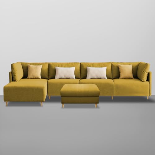 Image of Carina LHS 6 Seater L Shape Sofa Set with Center Table for Living Room (Yellow Fabric) Premium Fabric Sofa