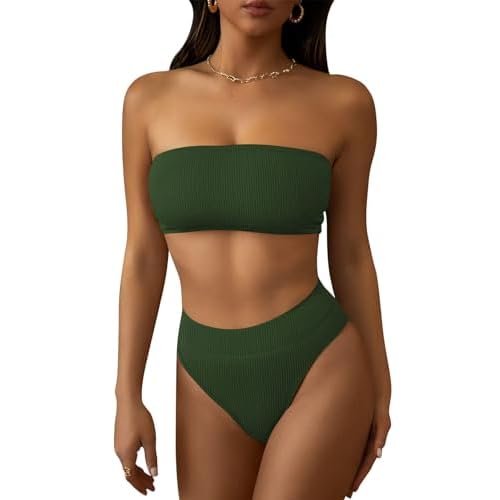 Pink Queen Women's Ribbed High Waisted Bikini Set Removable Strap Bandeau Swimsuit Medium 01 - Army Green Ribbed Fabric